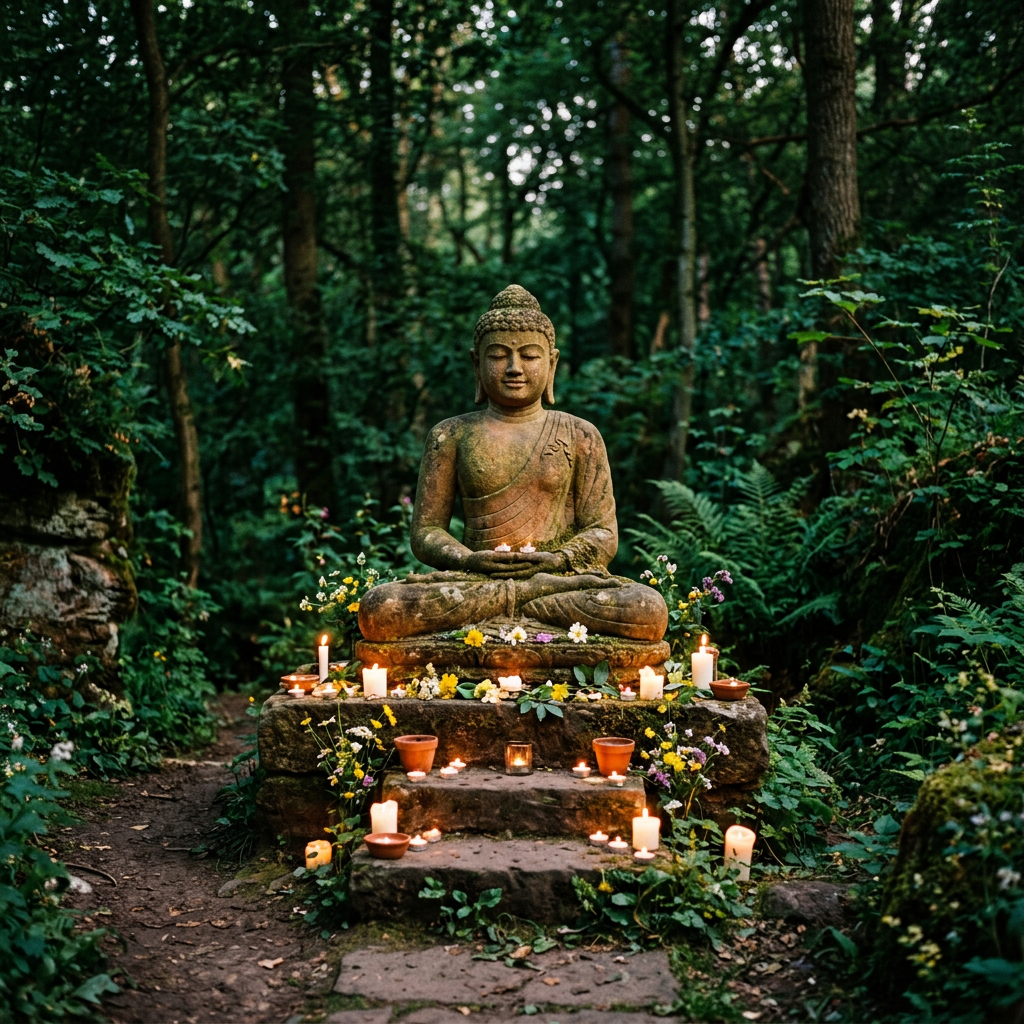 Stone Buddha statue seated in meditation with candles and flowers around