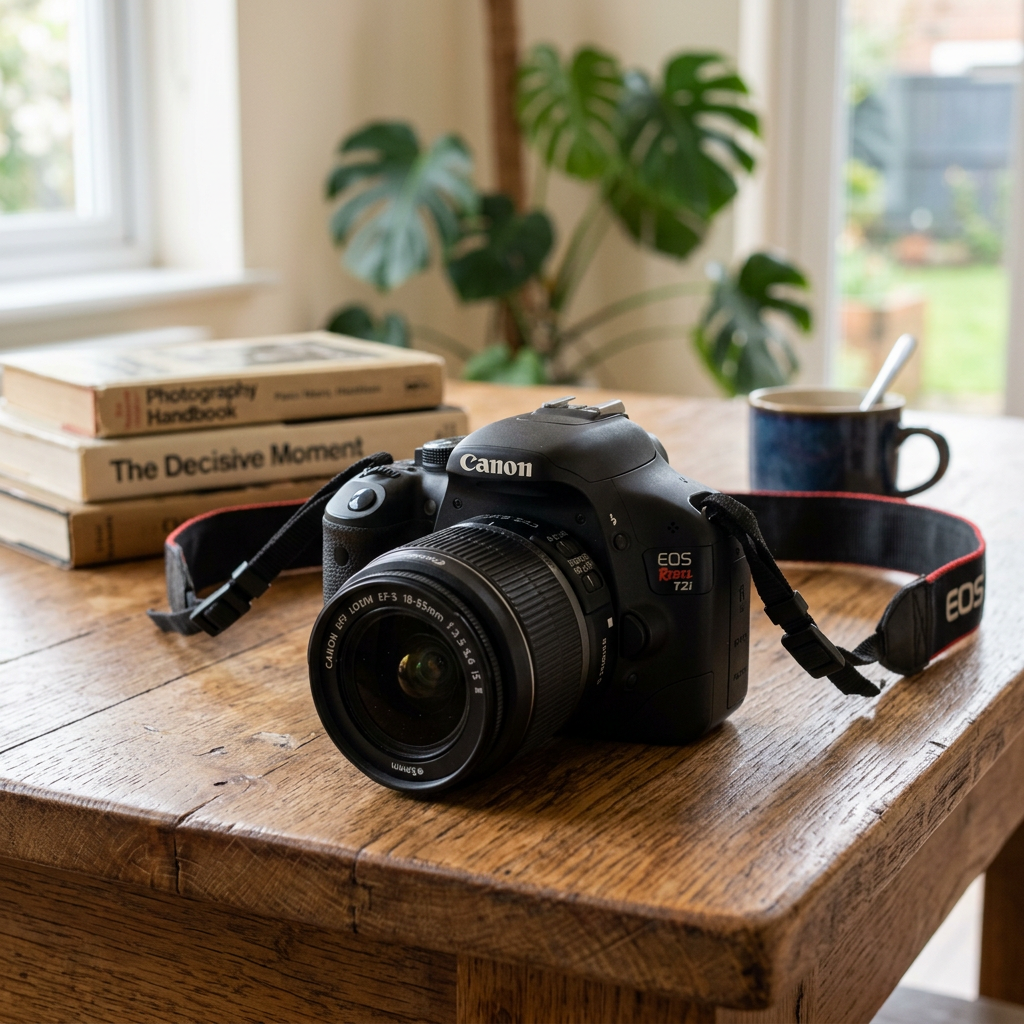 Canon EOS Rebel T2i DSLR camera on wooden table with photography books and coffee cup